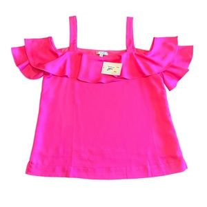 Jade Hot Pink Silky Ruffle Shoulder Camisole Blouse, Size Small